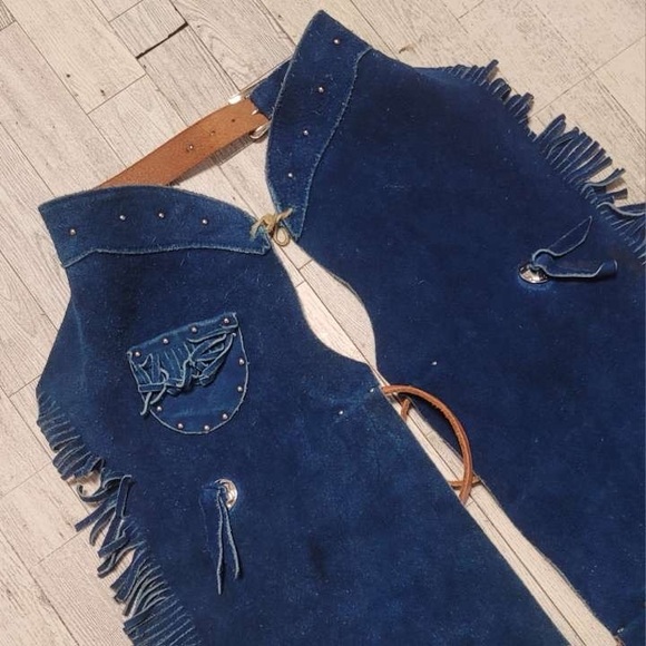 Kids Vintage 90's Western Blue Leather Fringe Concho Rodeo Cowboy Chaps Size 4T - Picture 2 of 6